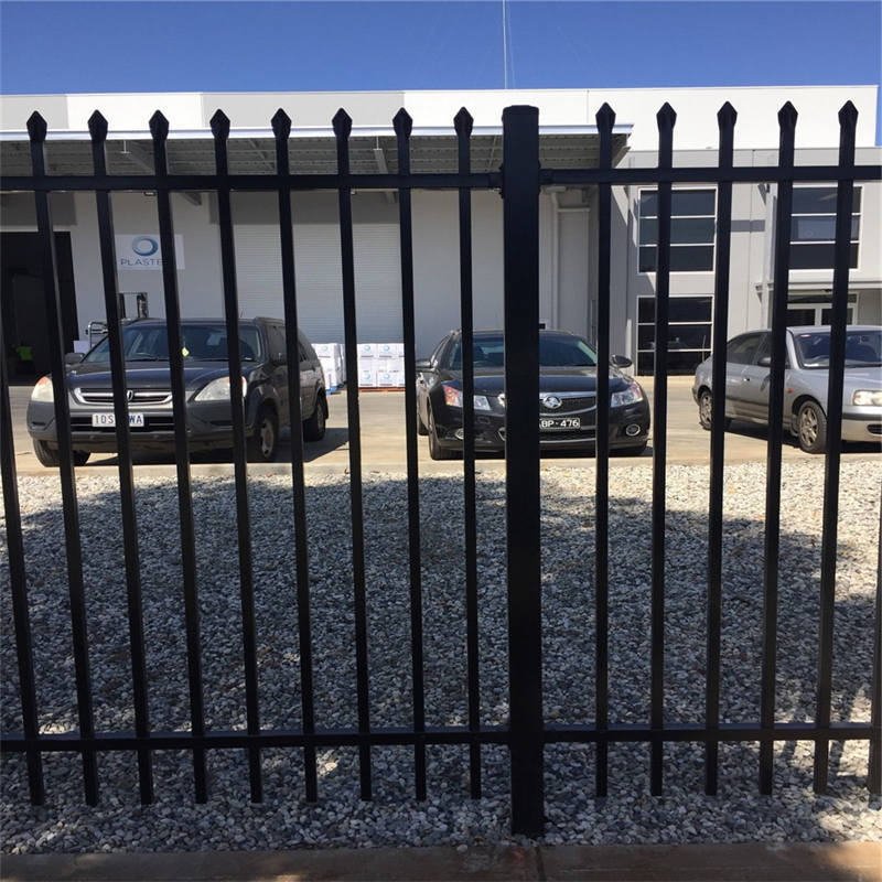 Steel fence panels with a tubular garrison fence design