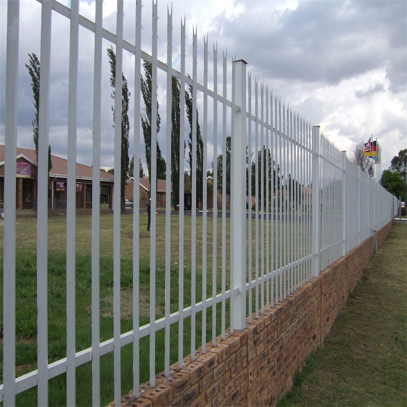 Steel palisade fence product example showing protective finish
