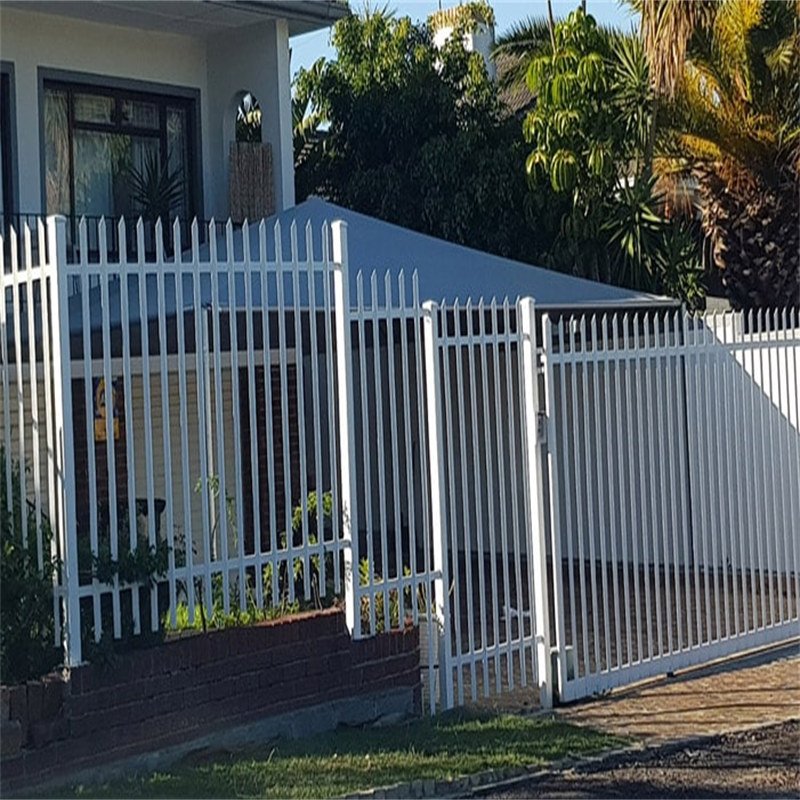 Steel palisade perimeter fence showing security system details