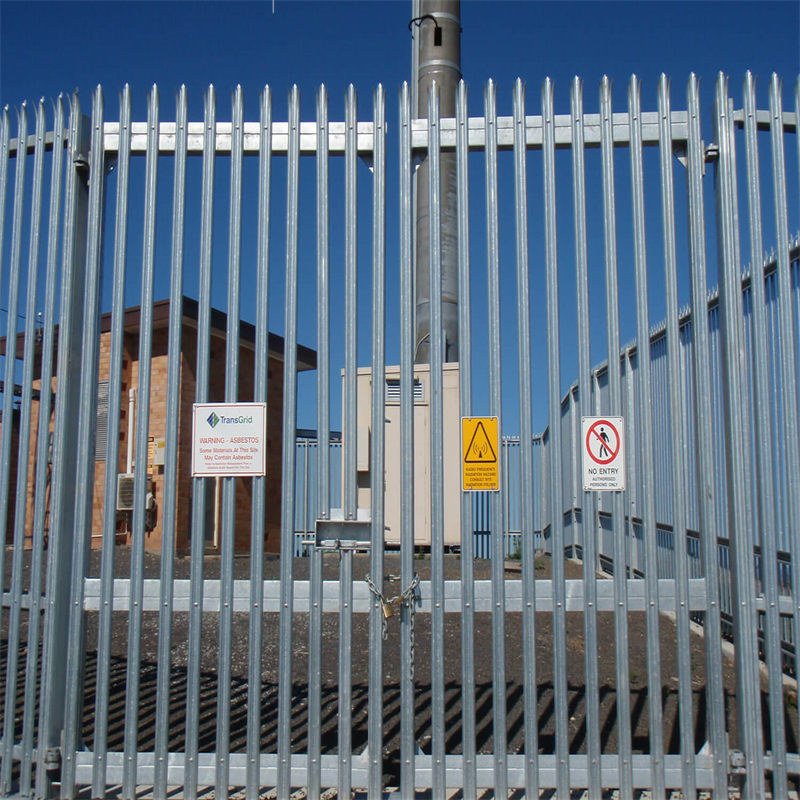 Galvanised palisade steel fence product and installation illustration