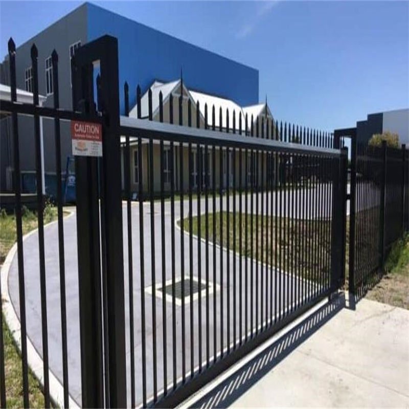 Galvanised single-leaf palisade pedestrian gate with steel pales and hinged access