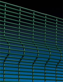 Green 3D welded security mesh panel showing V-bend geometry