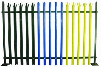 Palisade fencing showing different D-section and W-section steel pale appearances