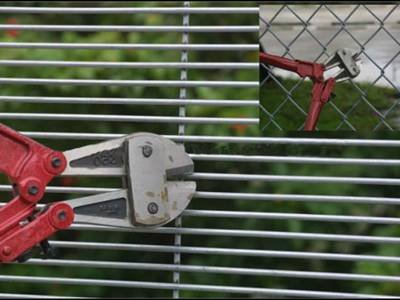 Bolt cutter comparison showing the restricted access through narrow 358 mesh openings