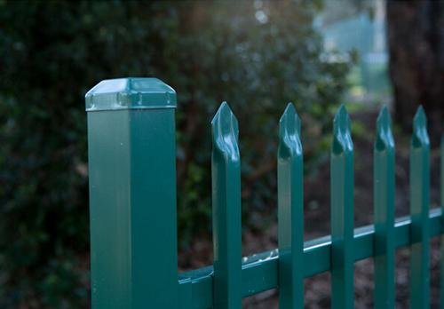 Steel garrison fence product and support detail
