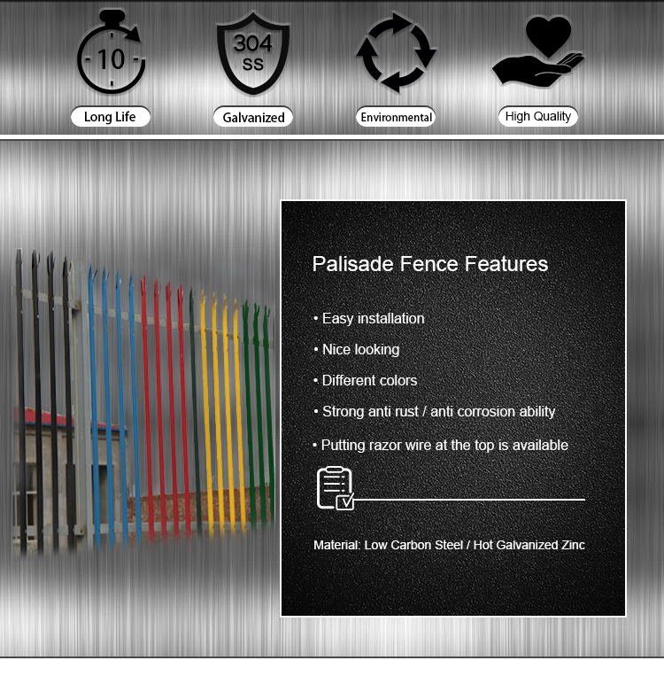 Steel palisade fencing with formed upright pales and a protective finish