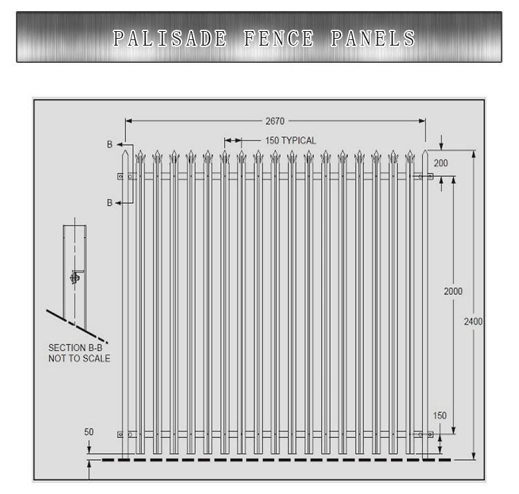 Palisade steel fence panel with horizontal rails and formed vertical pales