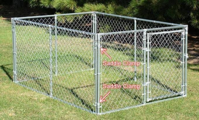 Galvanised saddle clamps joining tubular dog kennel panels