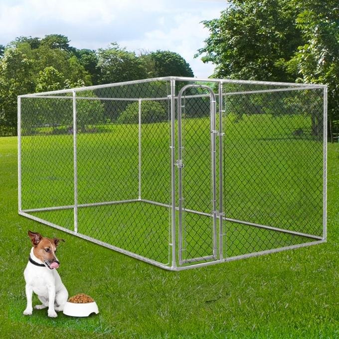 Chain link dog kennel product showing galvanized mesh and tubular frame construction