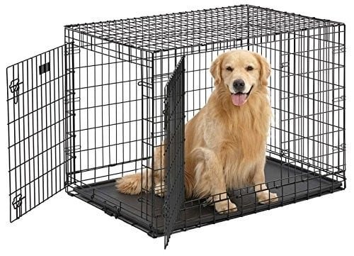 Folding metal wire dog cage product showing an open mesh crate design