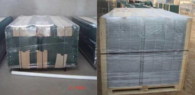 Twin horizontal wire fence mesh close-up for checking weld alignment and protective finish