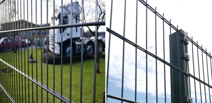 Double wire fence installation reference showing industrial-style welded steel mesh panels