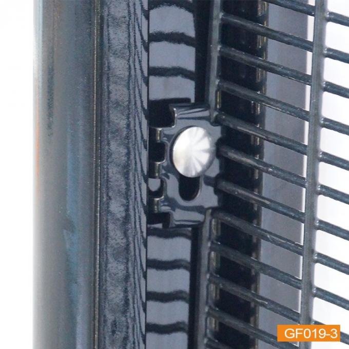 BMP close-up of coated steel fence clamp connection between tapered post and welded mesh
