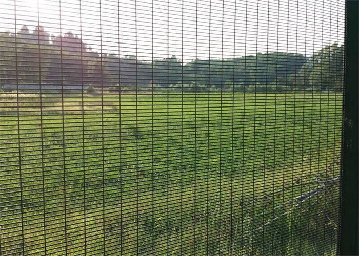 Anti-climb welded security fence panel showing dense wire spacing and protective surface finish