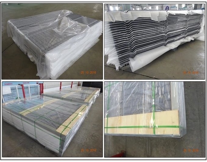 Clear view fence packaging reference showing steel fence components prepared for transportation