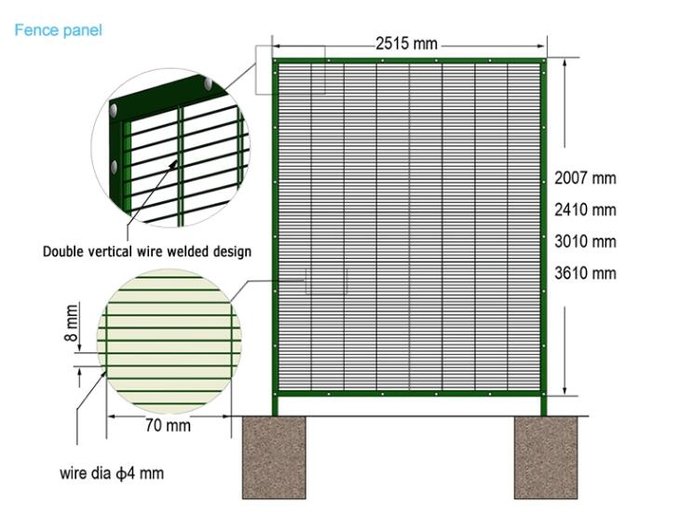 Anti-climb security fence technical drawing showing welded mesh and perimeter construction