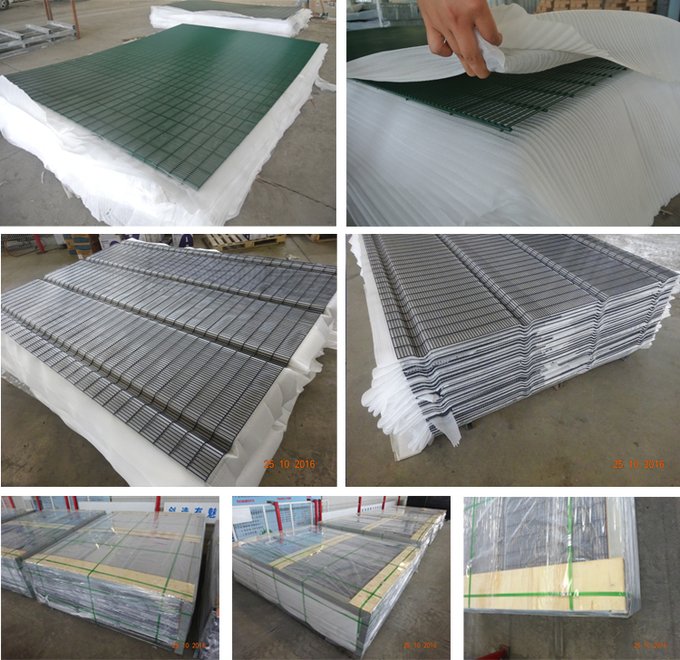 BMP ClearVu fence panels packed with protective materials and pallet supports for export transportation